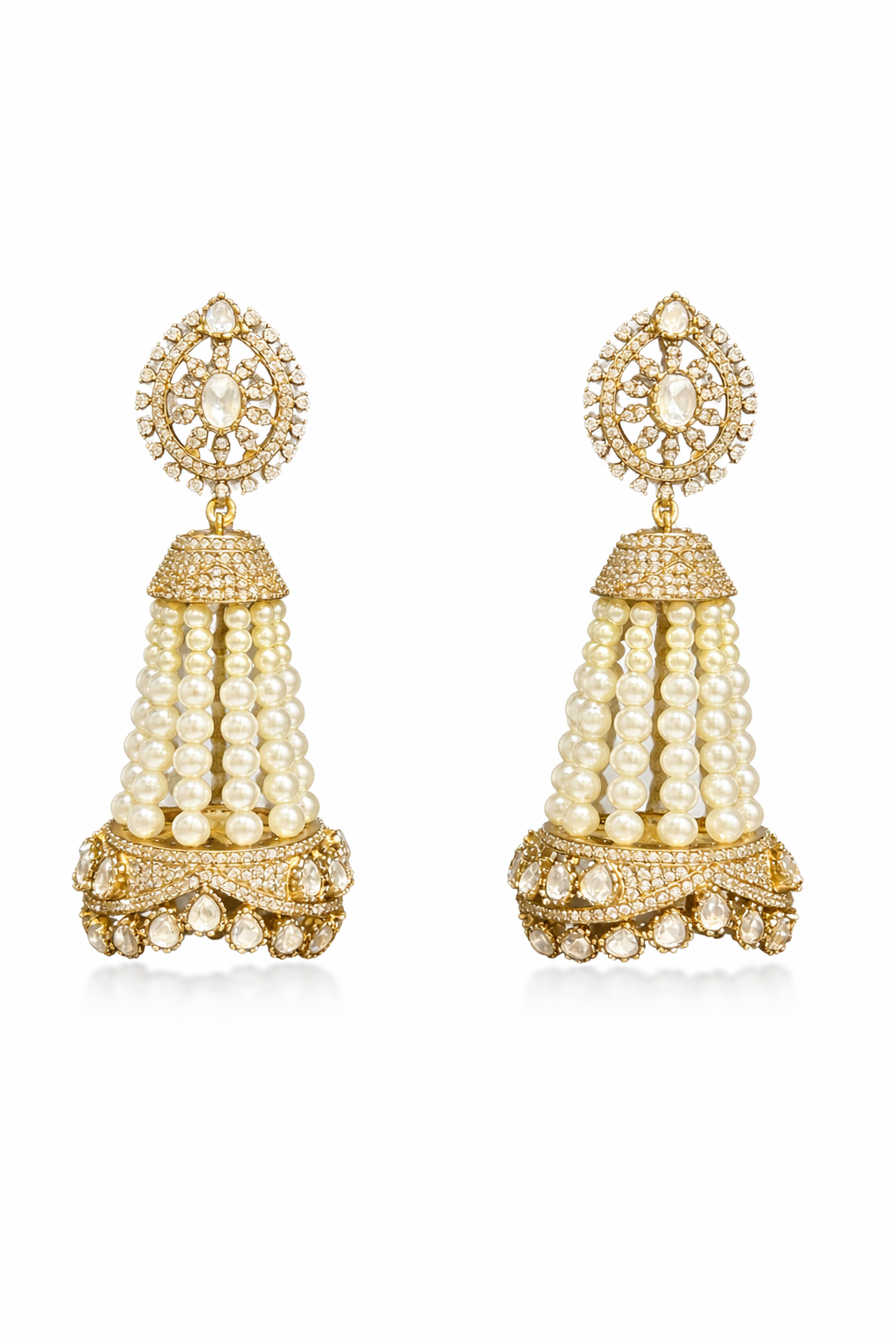 Polki Pearl Tassel Jhumka Earrings – Antique Gold Finish