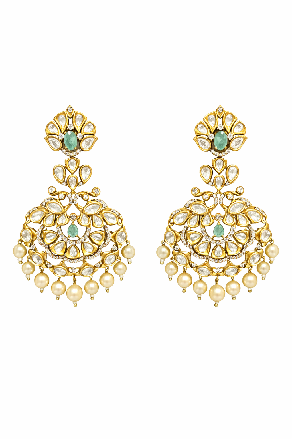 Mint Polki Kundan Pearl Chandbali Earrings