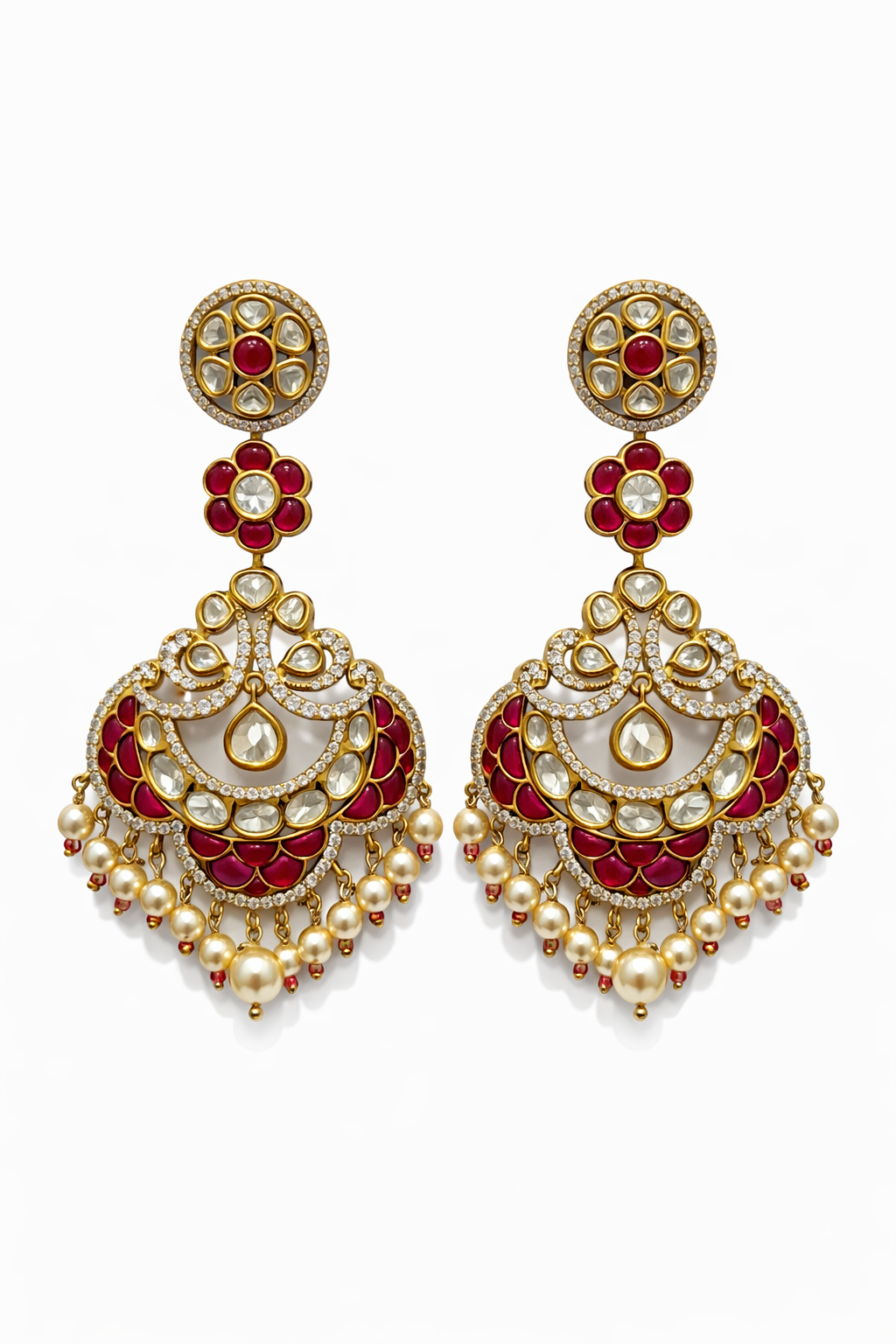 Noor Ruby Pearl Polki Chandbali Earrings