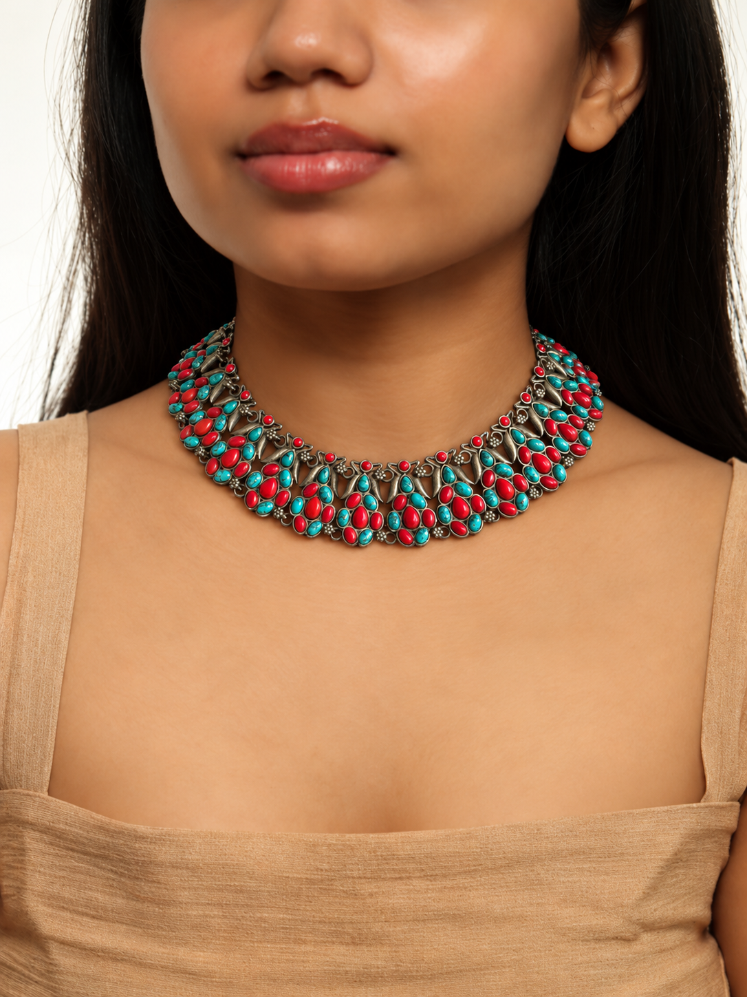 Miraya Turquoise Coral Choker Necklace Set