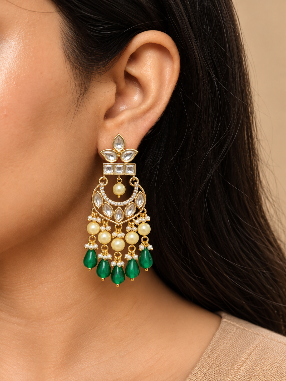 Emerald Pearl Kundan Chandbali Earrings