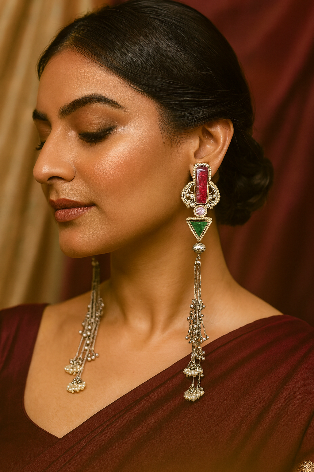 Ruby-Emerald Harmony Tassel Earrings