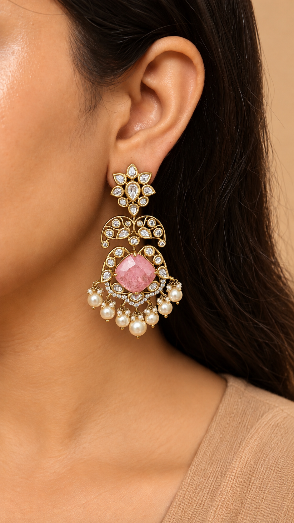Gulrang Rose Quartz Kundan Chandbali Earrings