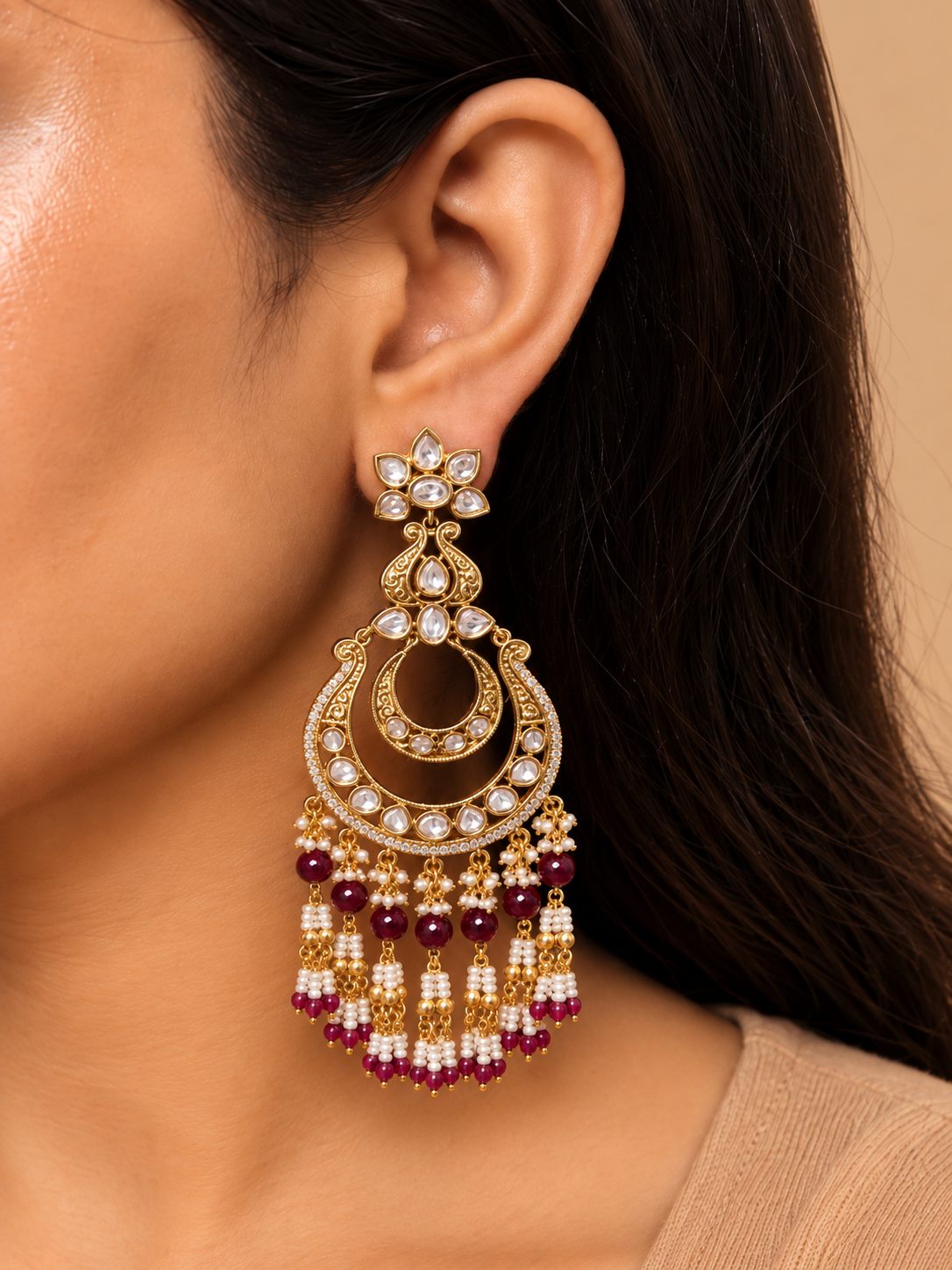 Ruhani Ruby Kundan Chandbali Earrings