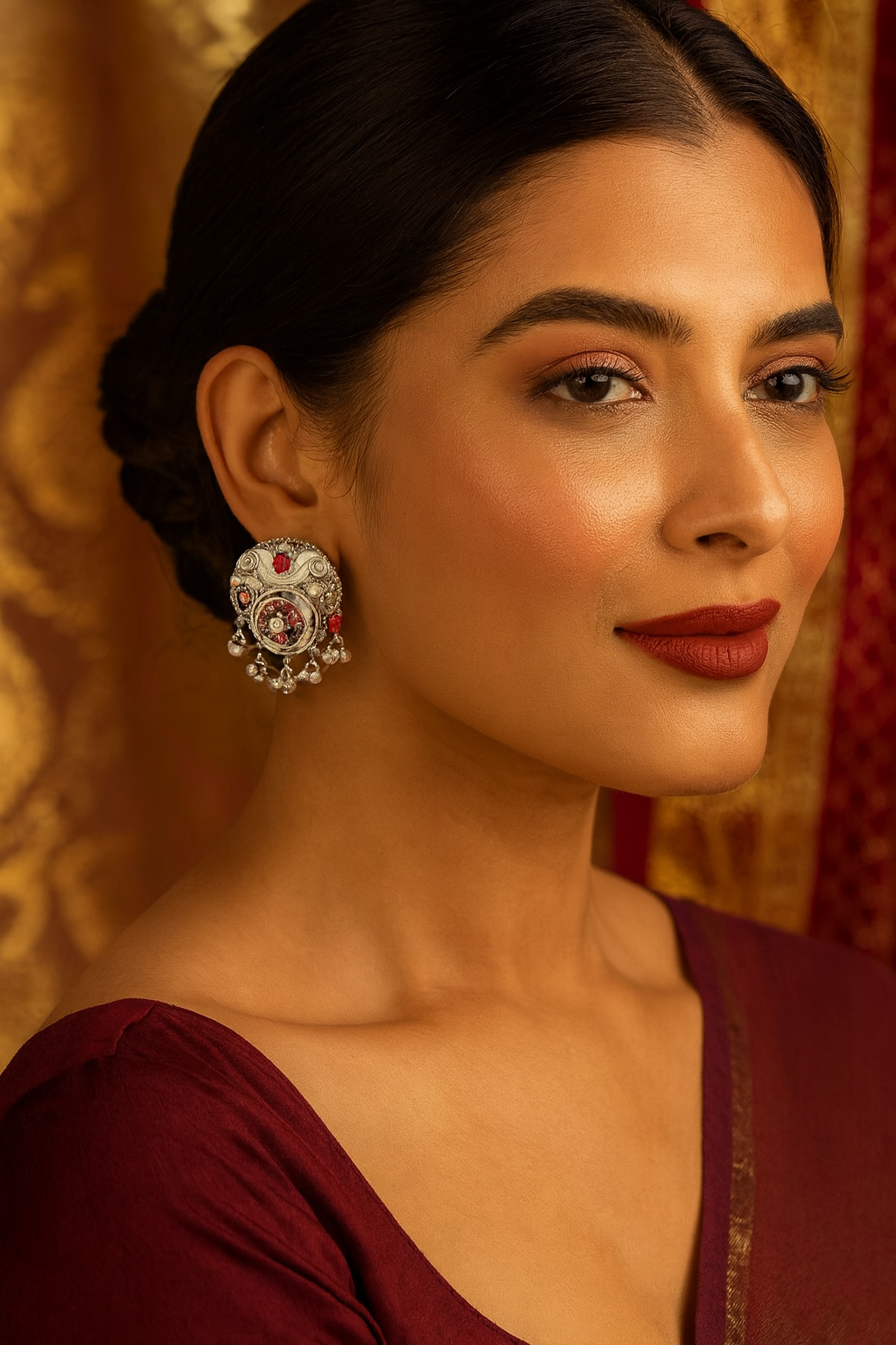 Ruby Blossom Silver Drops Earrings