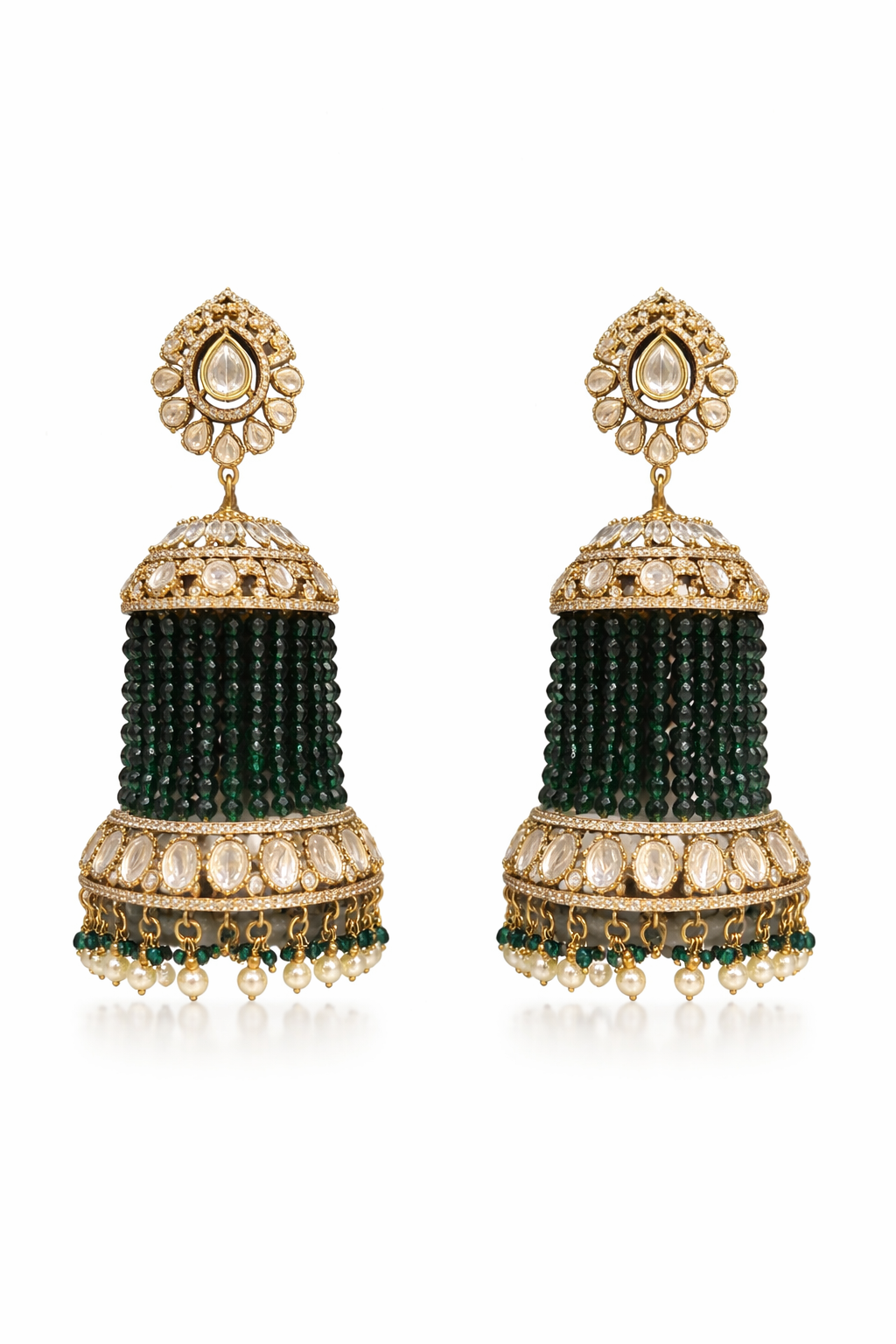 Dark Emerald Beaded Polki Jhumka Earrings – Antique Gold Finish