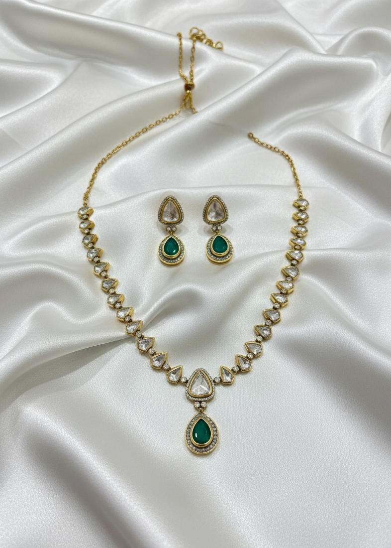 Elina Emerald Polki Drop Necklace Set