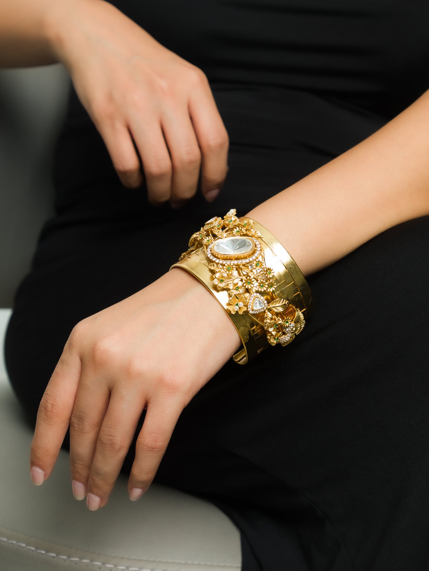 Zaina Kundan Green Filigree Cuff