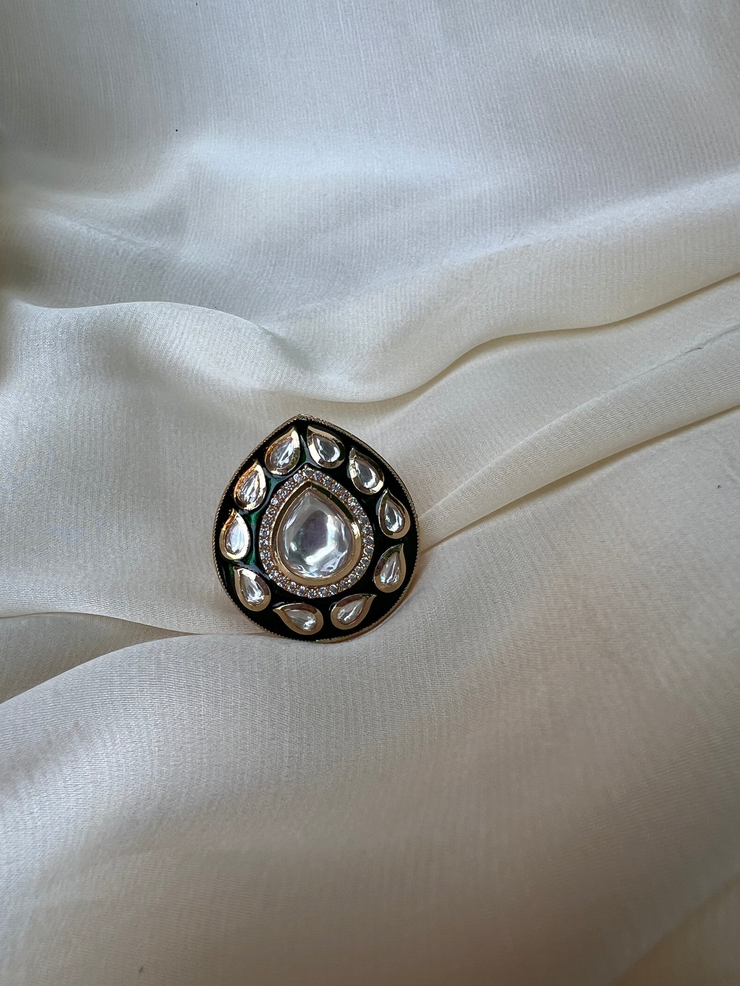 Teardrop Kundan Emerald Meena Ring