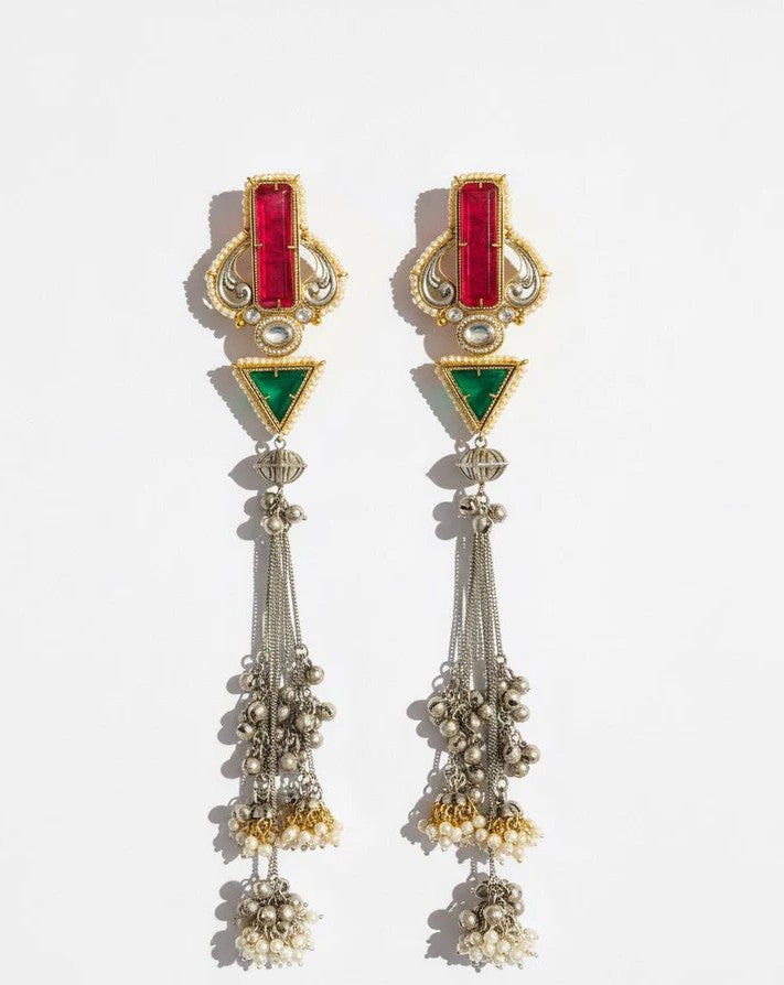 Ruby-Emerald Harmony Tassel Earrings