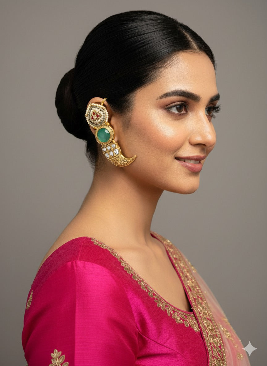Emerald Crescent Kundan Ear Cuffs