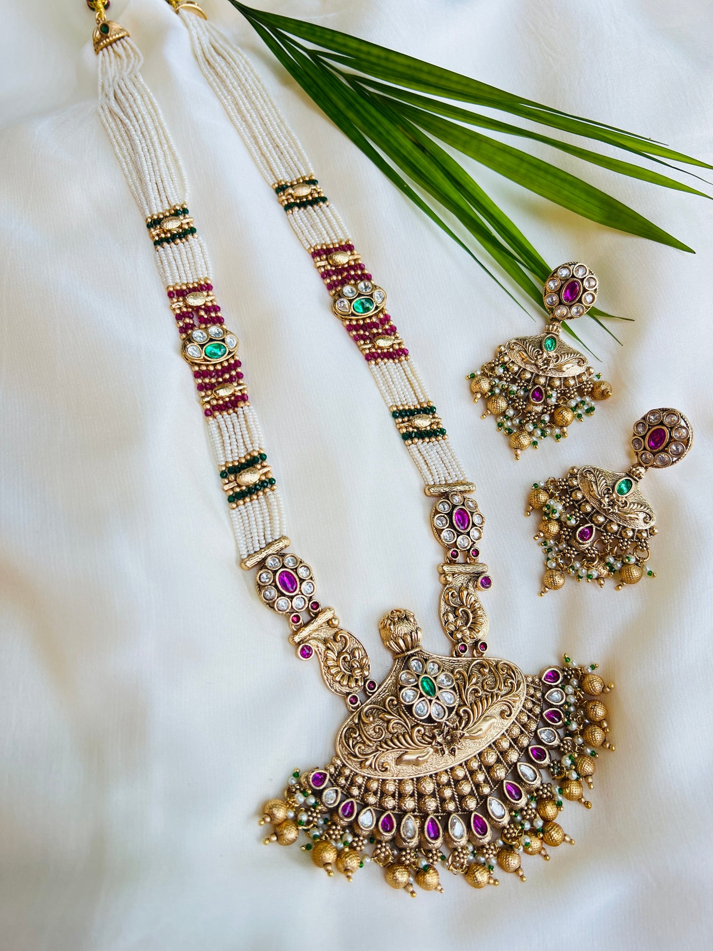 Aavya Beaded with Polki Long Necklace and Earring Set