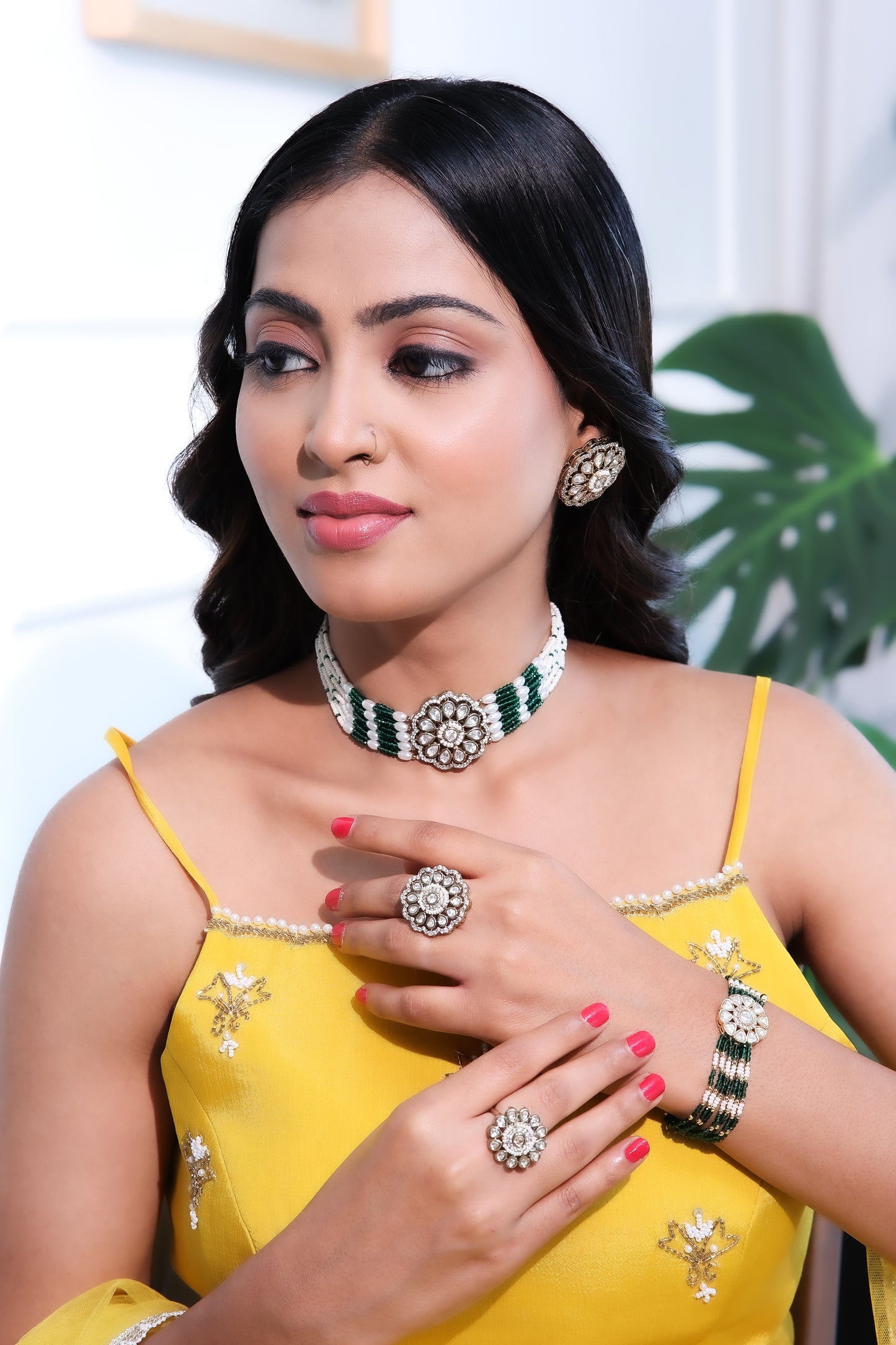 Primrose Kundan Green beaded Choker Set With Earrings