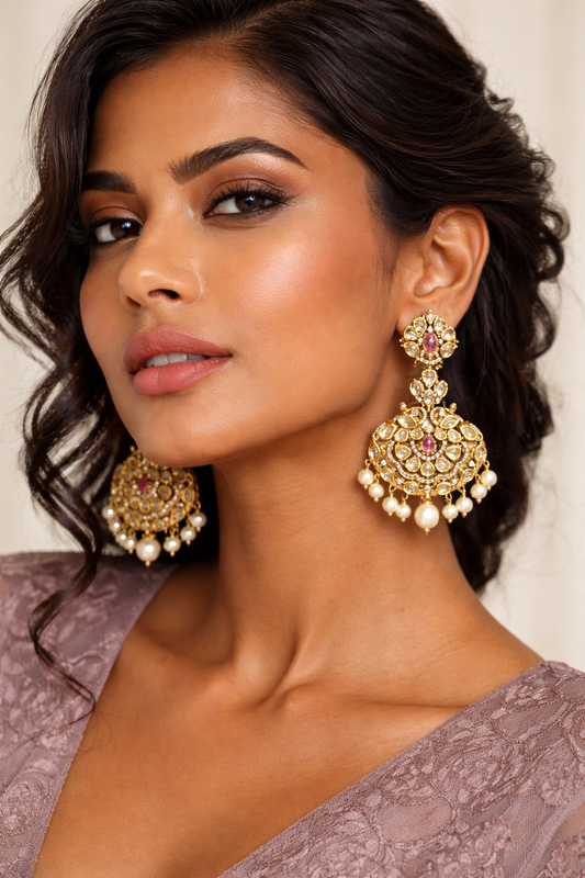 Blush Pink Polki Pearl Chandbali Earrings