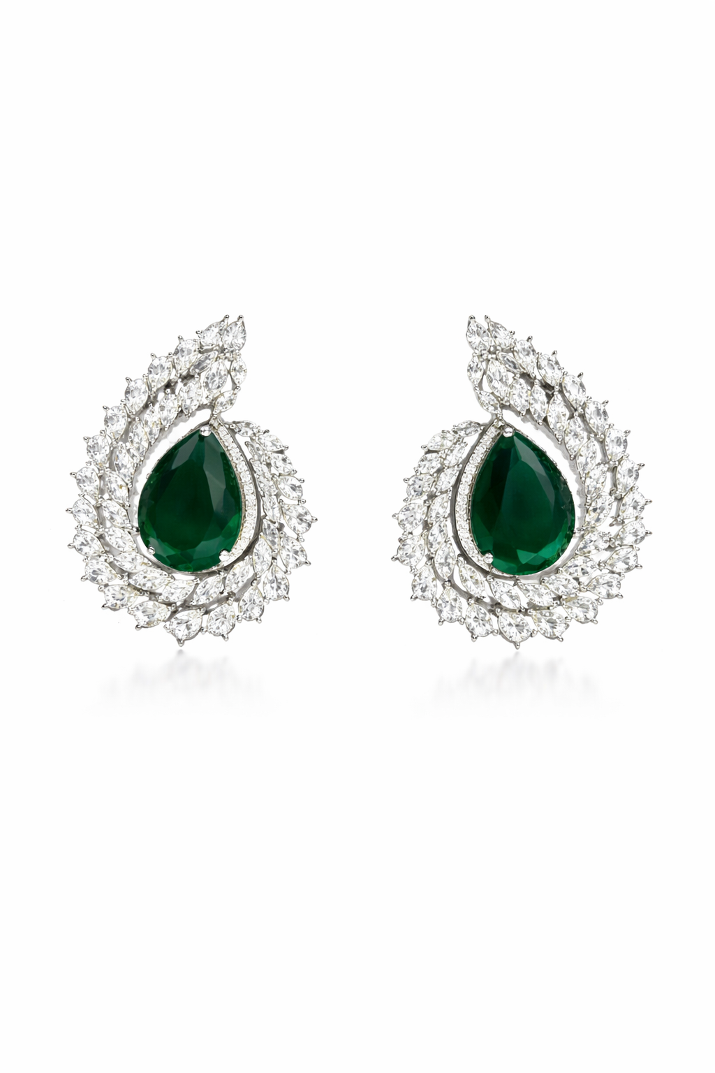 Emerald Green Teardrop Diamond Stud Earrings – Silver Finish