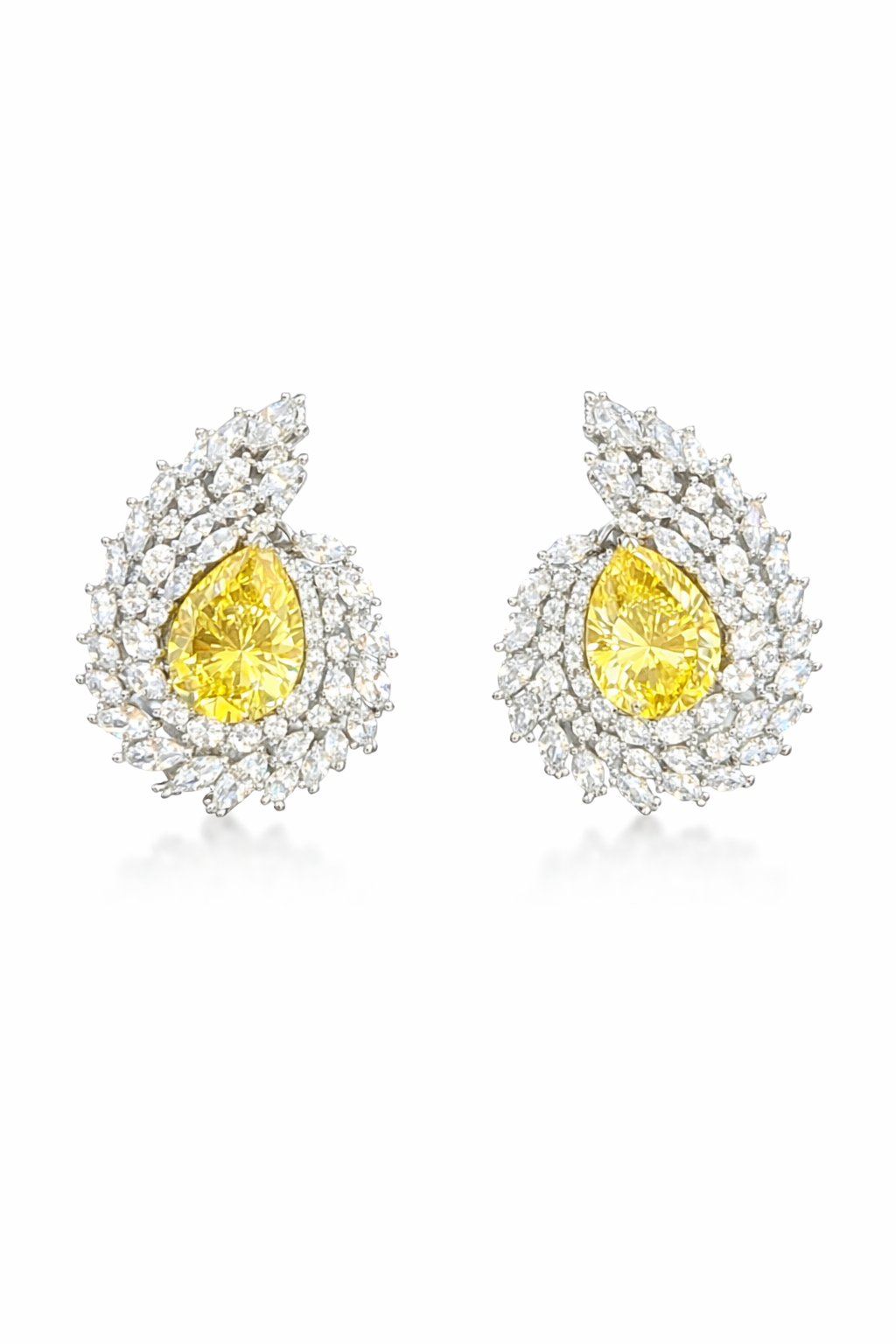 Yellow Teardrop Diamond Stud Earrings – Silver Finish
