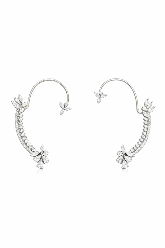 Floral Cascade Diamond Ear Cuff – Silver Finish