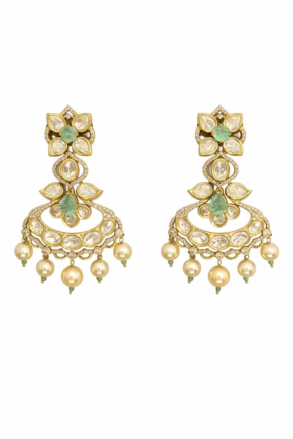 Mint Kundan Pearl Chandbali Earrings