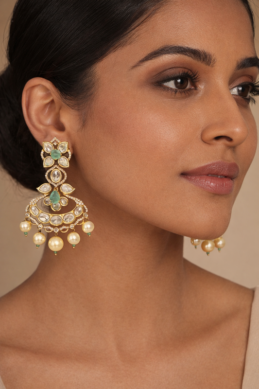 Mint Kundan Pearl Chandbali Earrings