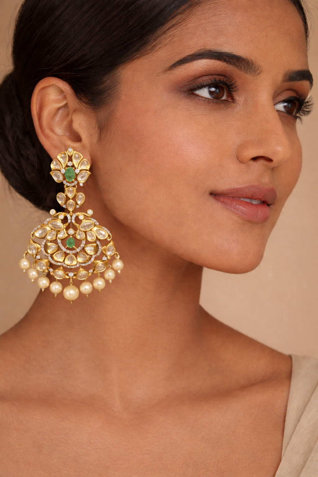 Mint Polki Kundan Pearl Chandbali Earrings