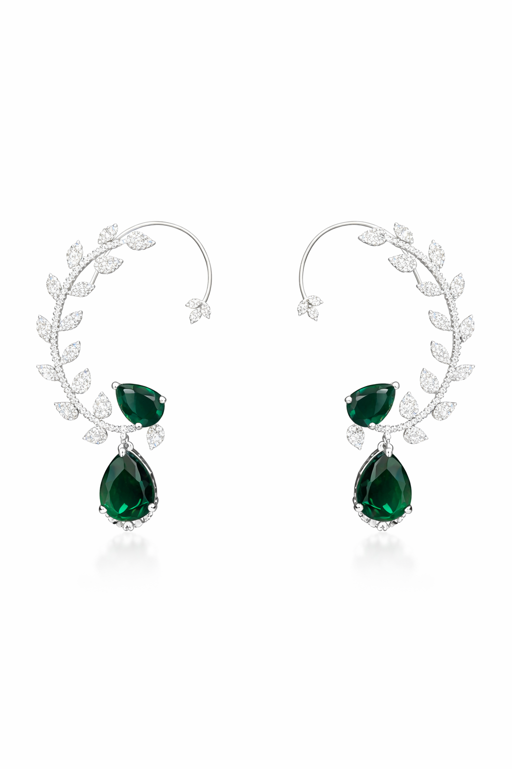 Emerald Drop Vine Diamond Ear Cuff – Silver Finish