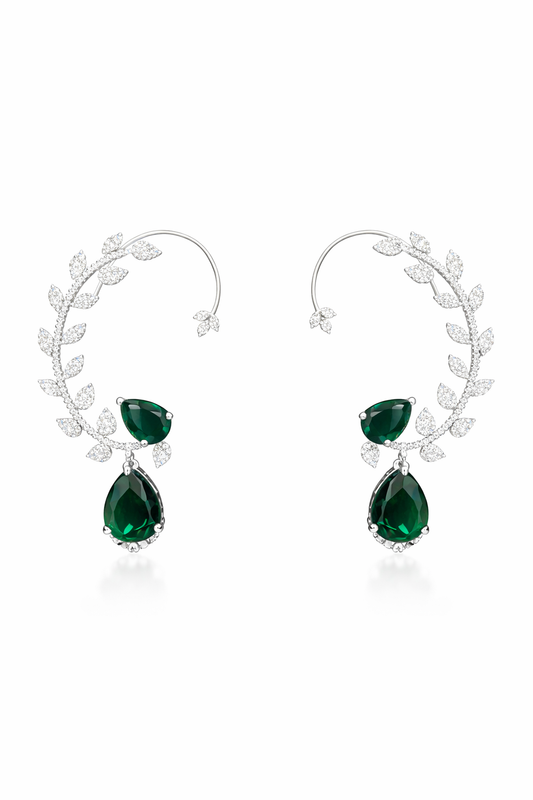 Emerald Drop Vine Diamond Ear Cuff – Silver Finish