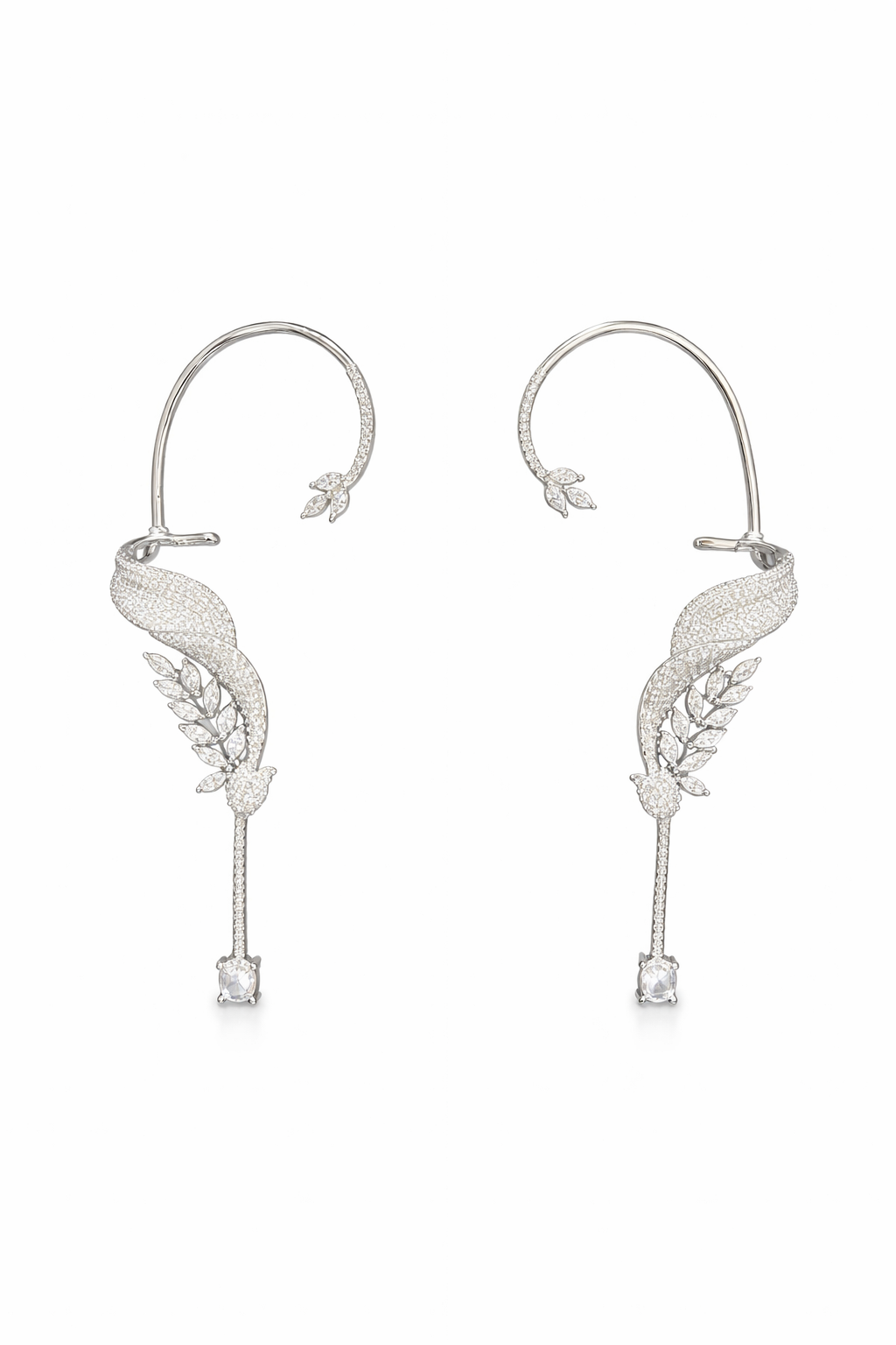 Swan Grace Diamond Ear Cuff with Drop – Silver Finish