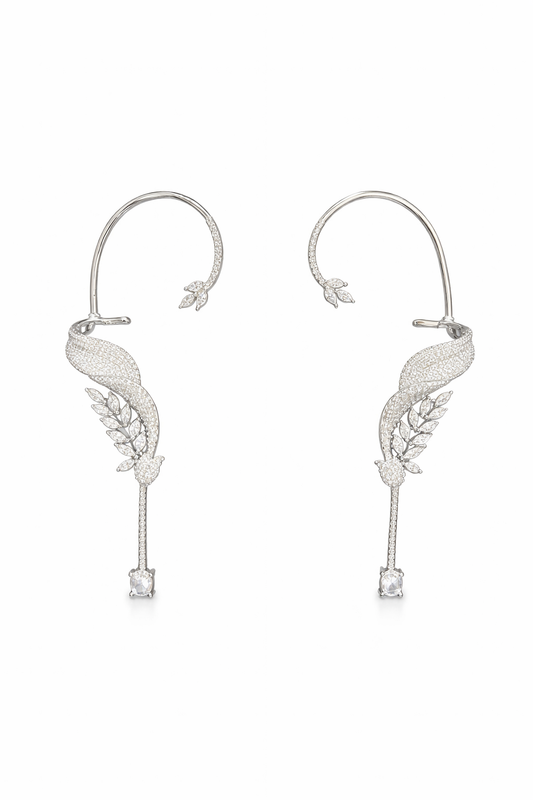 Swan Grace Diamond Ear Cuff with Drop – Silver Finish