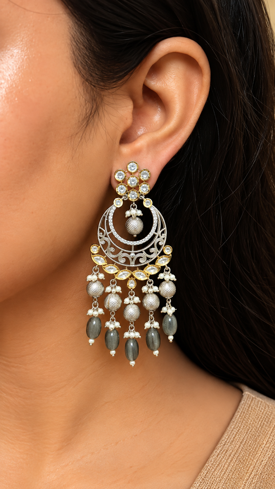 Zariya Grey Stone Chandbali Earrings