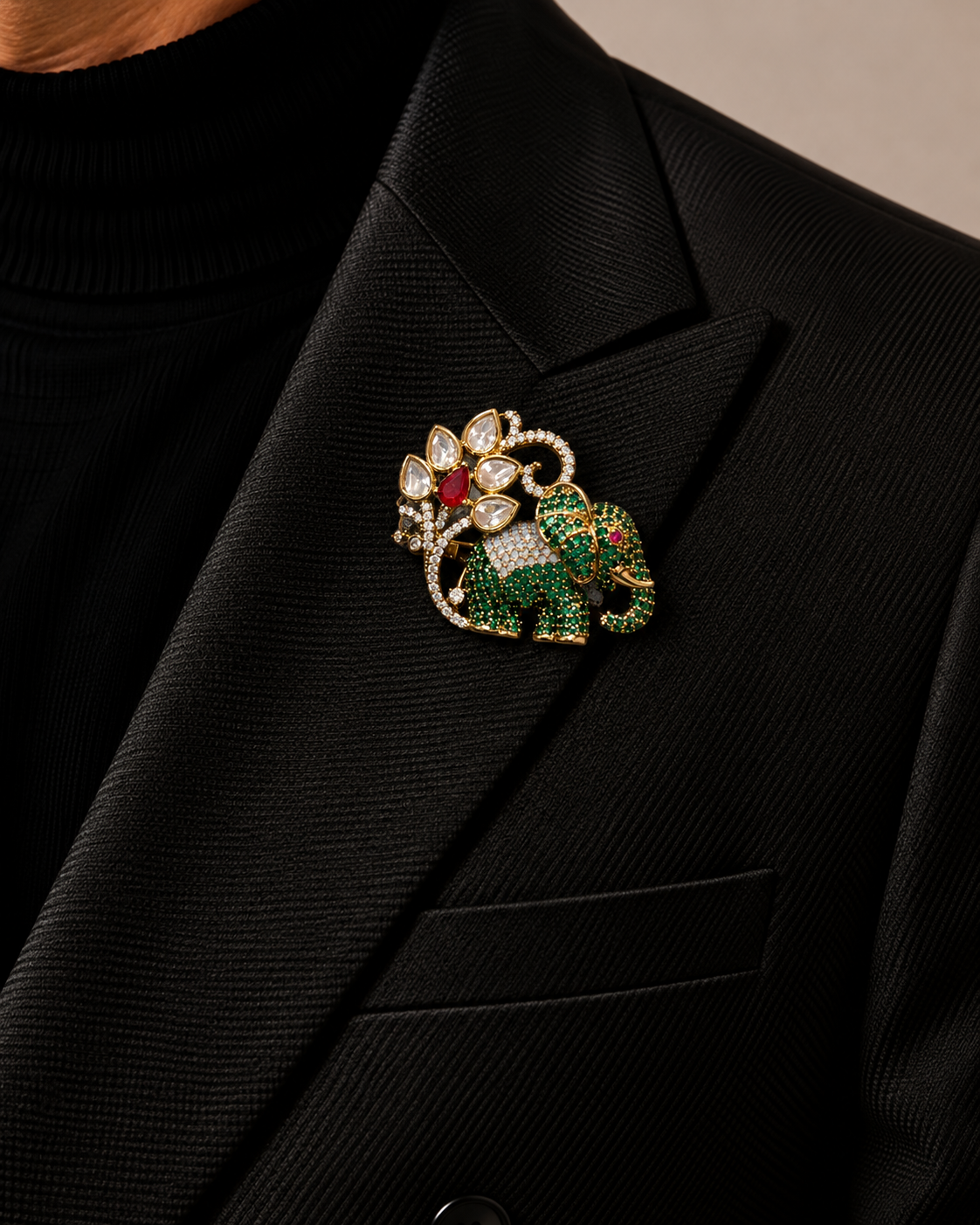 Rajvansh Emerald Elephant Brooch
