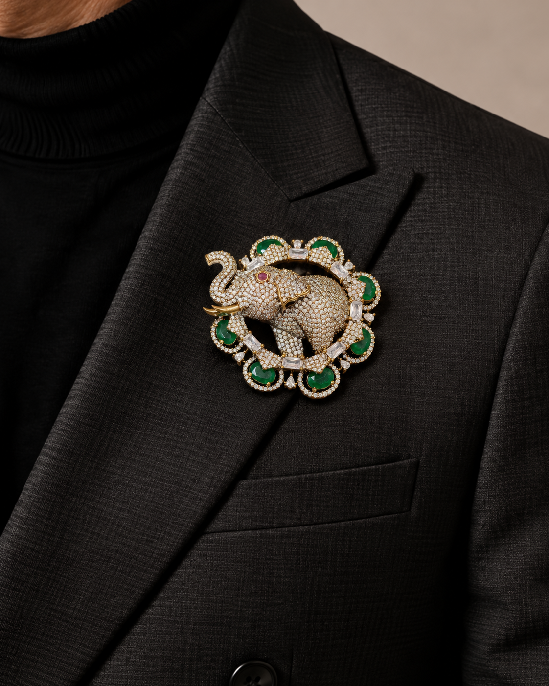 Rajsi Emerald Elephant Wreath Brooch