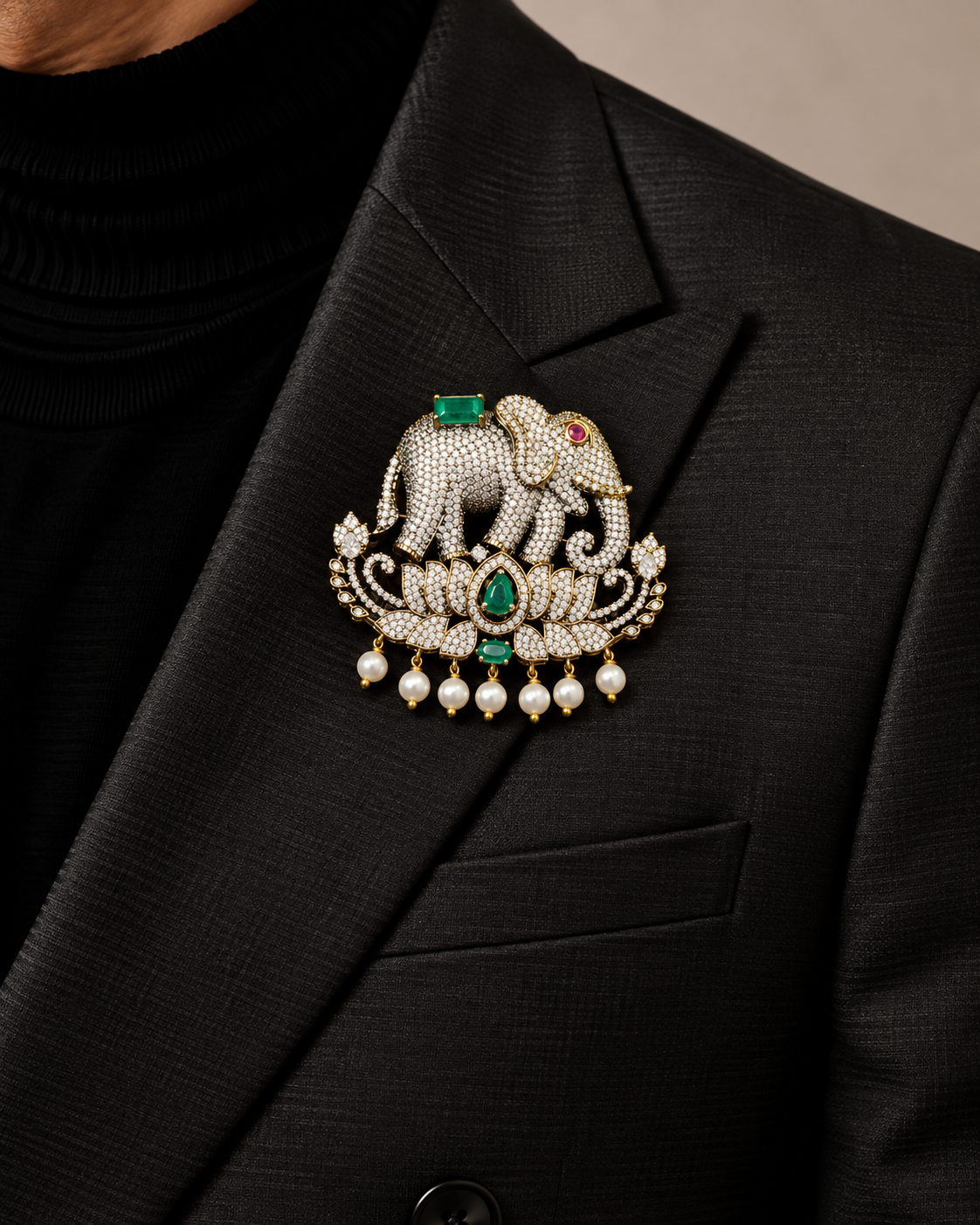 Rajvansh Emerald Lotus Elephant Brooch