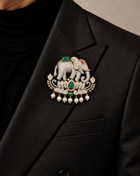 Rajvansh Emerald Lotus Elephant Brooch