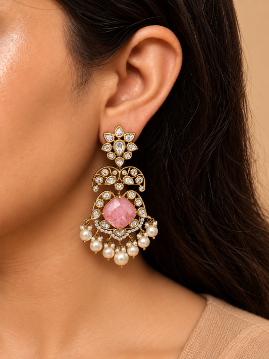 Gulrang Rose Quartz Kundan Chandbali Earrings