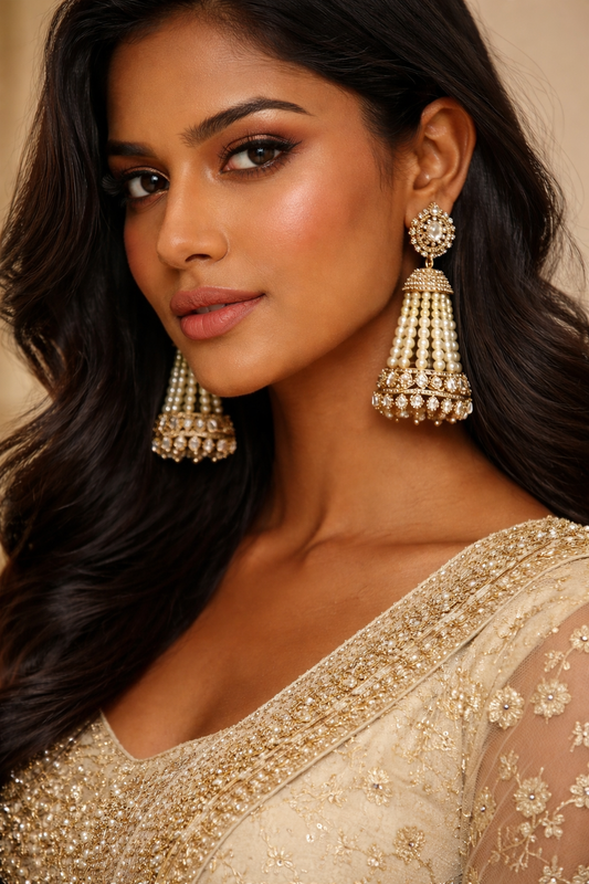 Polki Pearl Tassel Jhumka Earrings – Antique Gold Finish