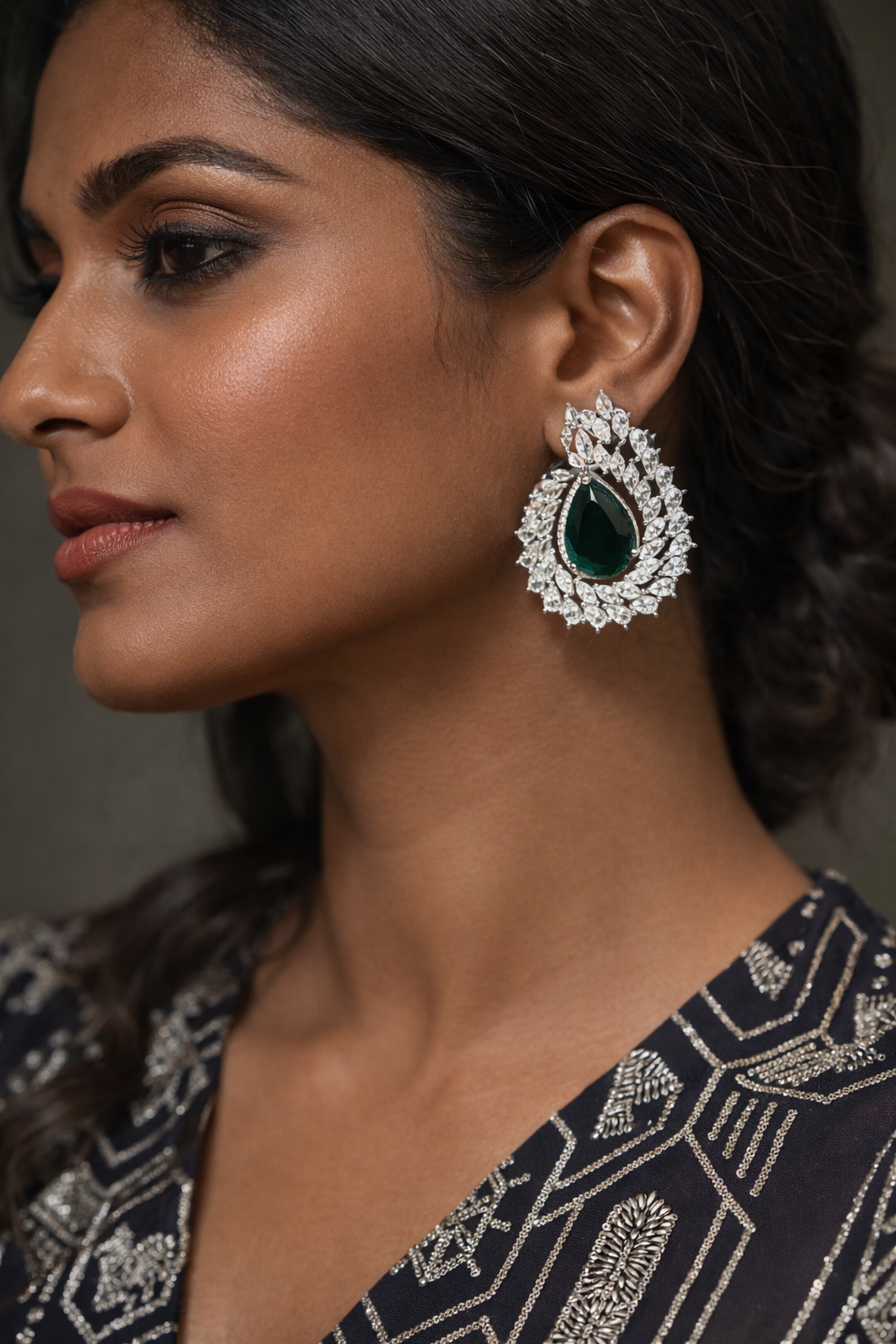 Emerald Green Teardrop Diamond Stud Earrings – Silver Finish