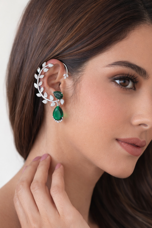 Emerald Drop Vine Diamond Ear Cuff – Silver Finish