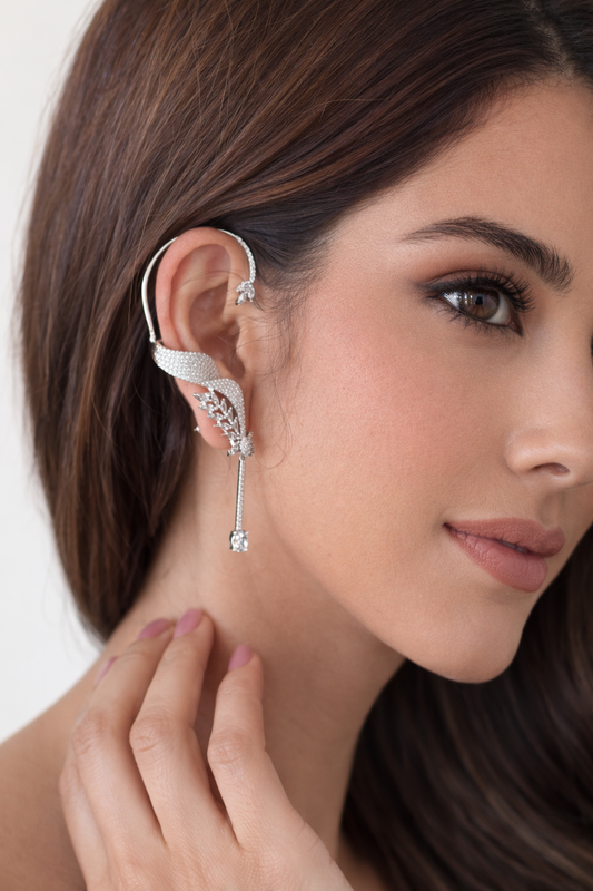 Swan Grace Diamond Ear Cuff with Drop – Silver Finish