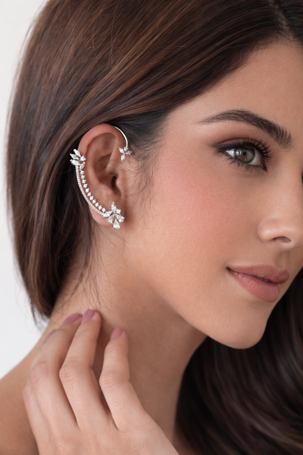 Floral Cascade Diamond Ear Cuff – Silver Finish