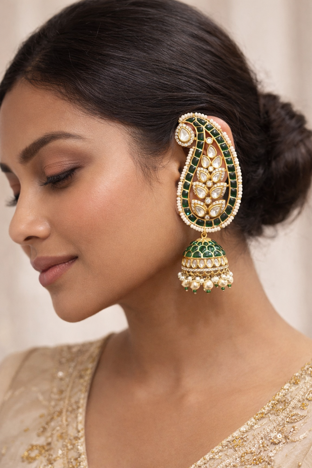 Meera Ruby Green Polki Statement Ear Cuff