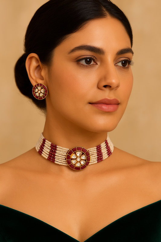 Aminah Ruby Pink Beaded Choker Set With Earrings