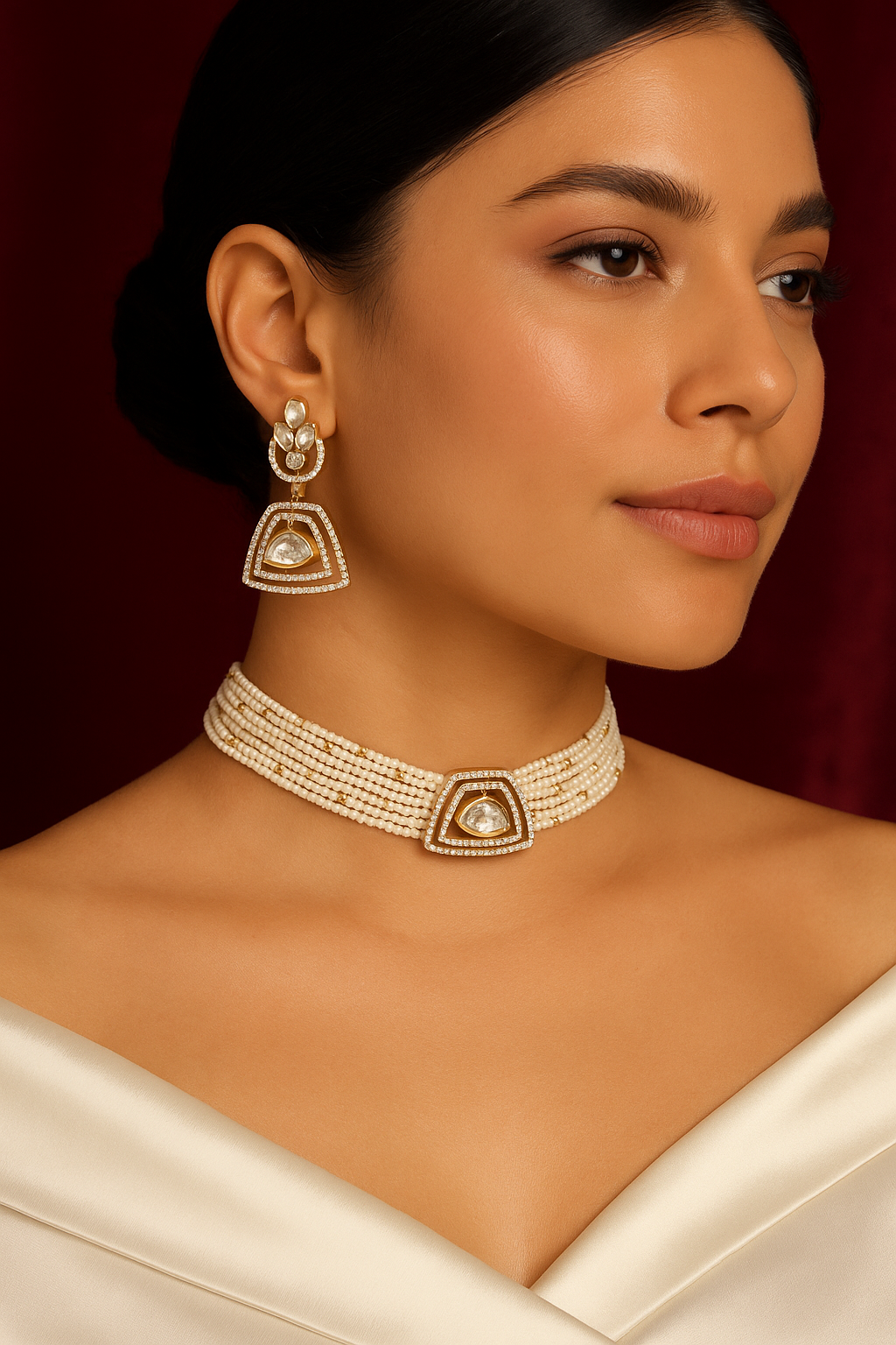 Zarin Crystal Triangle Beaded Choker Set  With Earrings