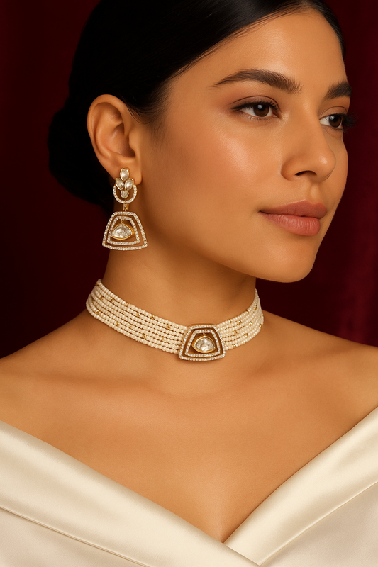 Zarin Crystal Triangle Beaded Choker Set  With Earrings