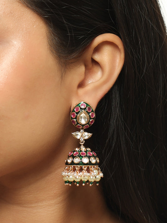 Zariya Enamel Polki Pearl Jhumka Earrings