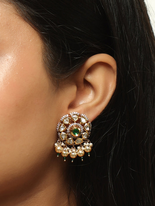 Zareen Emerald Polki Pearl Stud Earrings