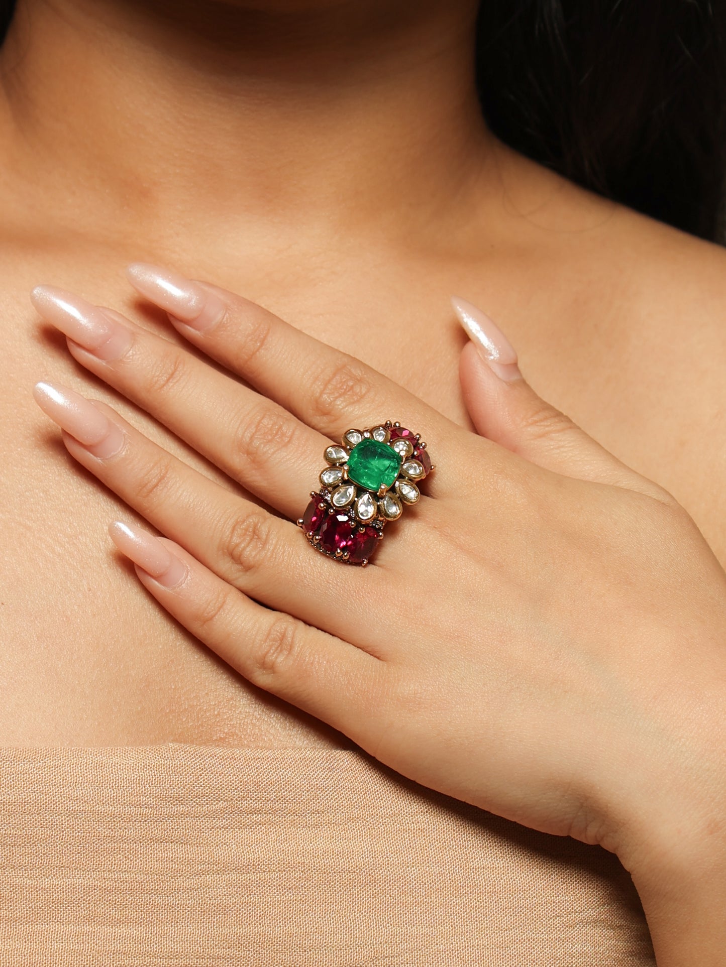 Zeenat Emerald & Ruby Polki Cocktail Ring