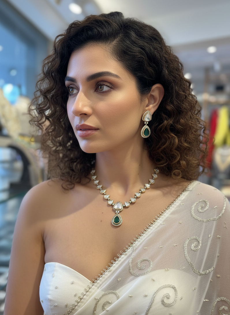 Elina Emerald Polki Drop Necklace Set