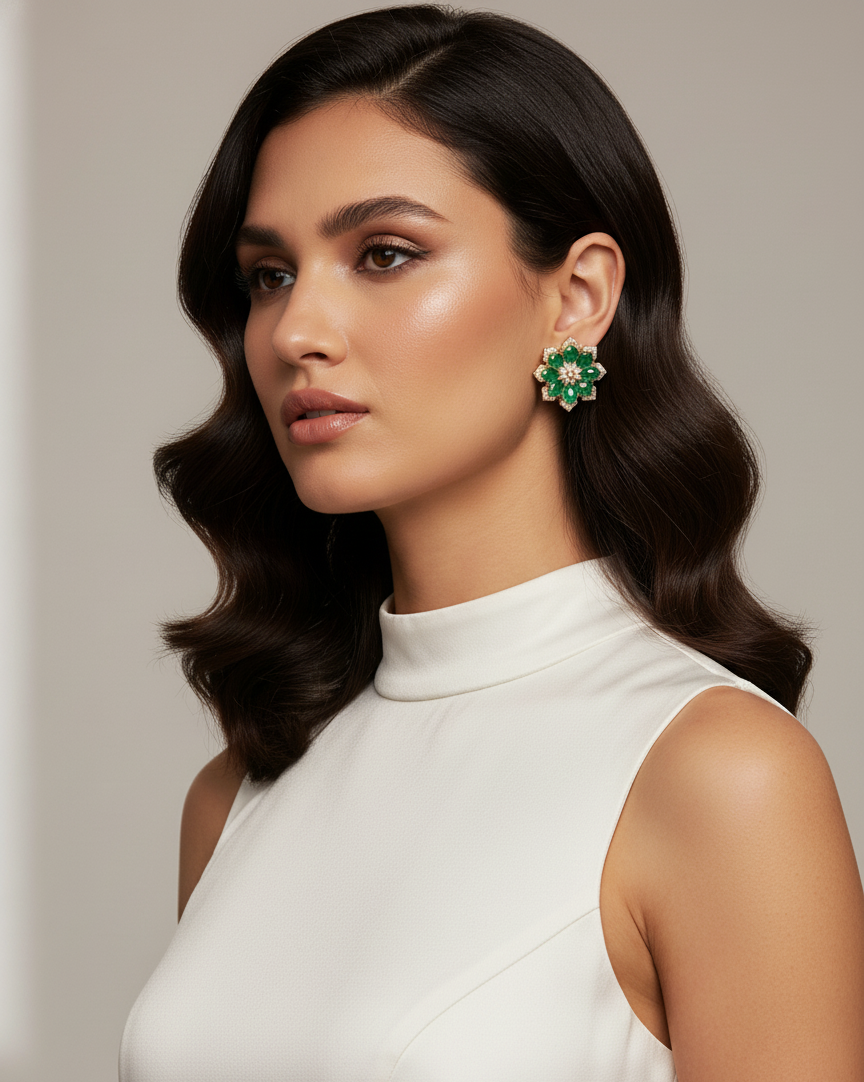 Emerald Aura Floral Studs