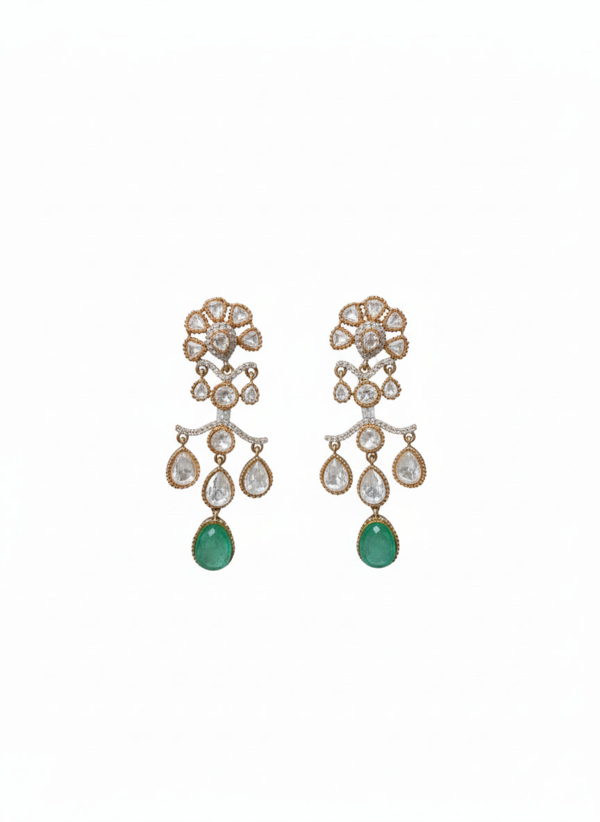 Emerald Dewdrop Polki Cascade Earrings