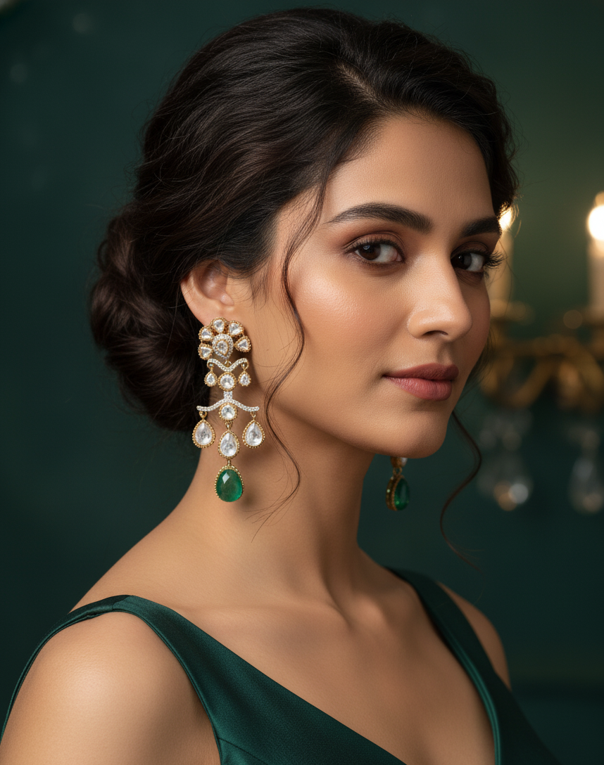 Emerald Dewdrop Polki Cascade Earrings